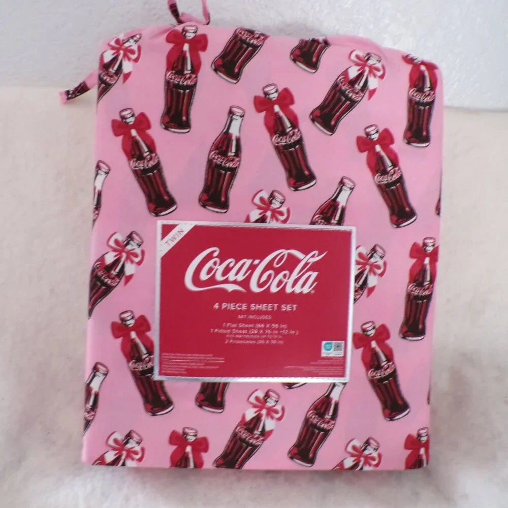 Red Bows Coca-Cola Bottle Print Twin Sheet Set Soda Bedding NWT Coke